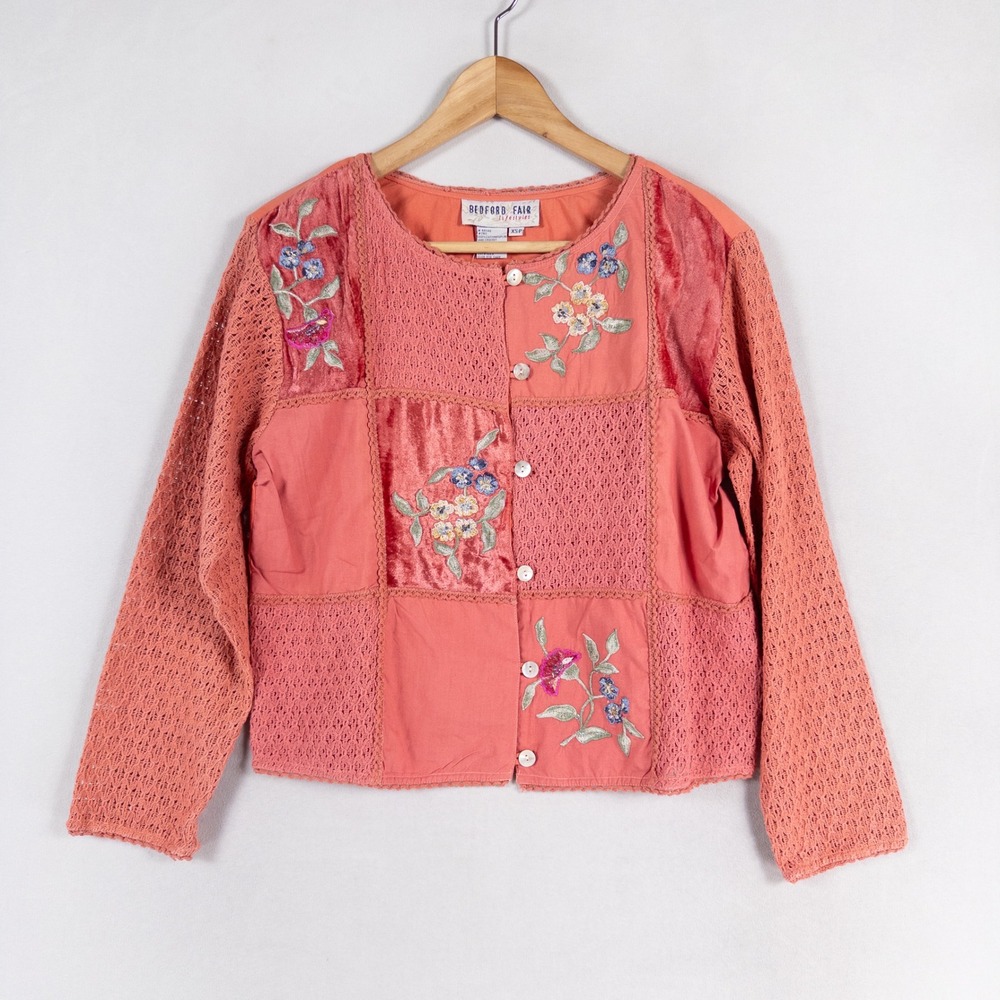 Bedford Fair Shirt Top Women XSP Coral Floral Embroidered Crochet Patchwork Boho